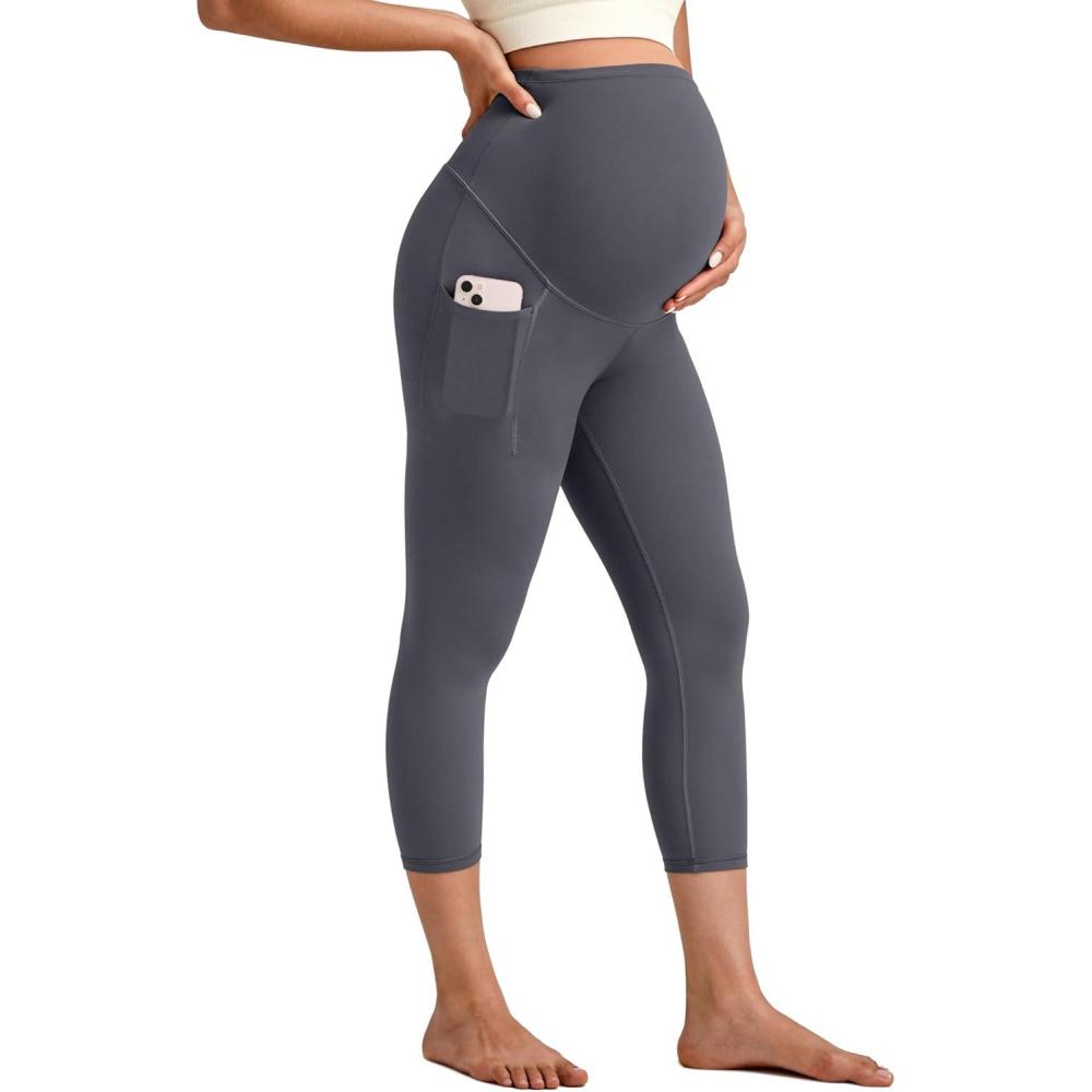 imageG4Free BareFeel Maternity Leggings with Pockets Over The Belly Stretchy Workout Yoga Pregnancy Capri PantsDark Gray