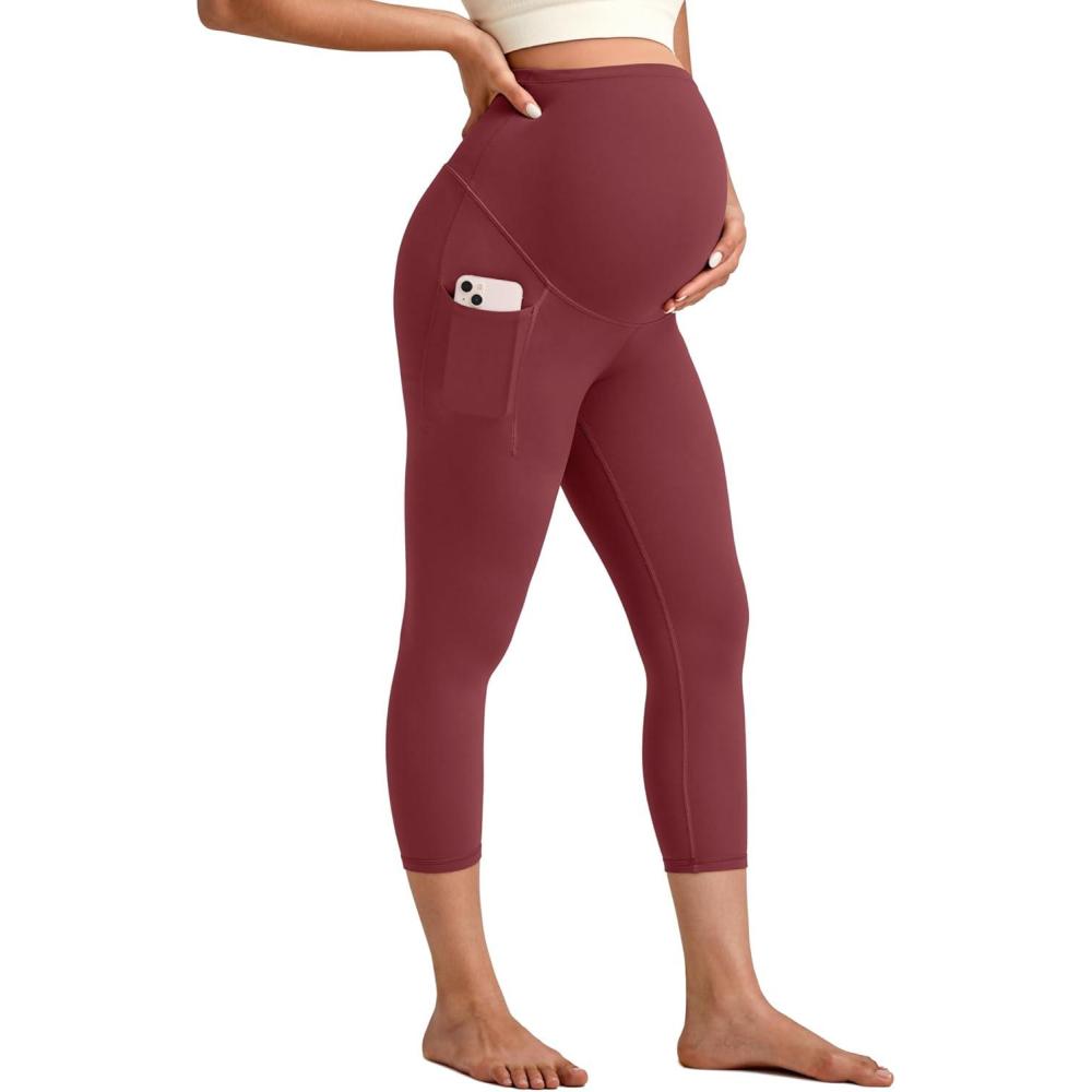 imageG4Free BareFeel Maternity Leggings with Pockets Over The Belly Stretchy Workout Yoga Pregnancy Capri PantsRed