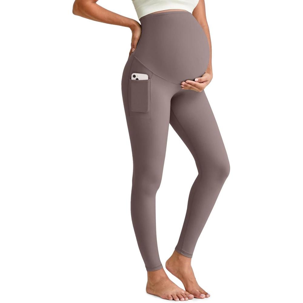 imageG4Free BareFeel Maternity Leggings with Pockets Over The Belly Stretchy Workout Yoga Pregnancy PantsTaupe