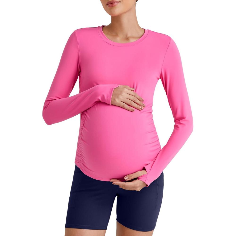 imageG4Free BareFeel Maternity Long Sleeve T Shirts Crewneck Ruches Pregnancy Workout Tops with Thumbholes Altheltic Yoga TeeHot Pink