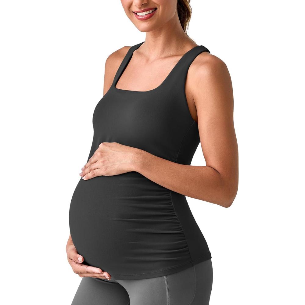 imageG4Free BareFeel Maternity Racerback Tank Tops with Built in Bra Ruched Sleeveless Square Neck Pregnancy Yoga Workout ShirtsBlack