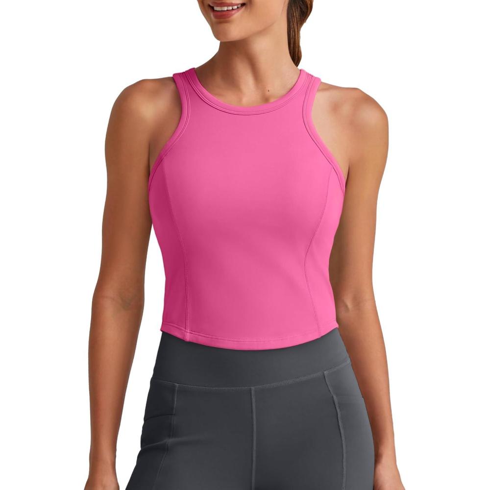 imageG4Free Barefeel Built in Bra Workout Tops for Women Removable Pads Longline Sport Bras Racerback Athletic Tank Yoga GymHot Pink
