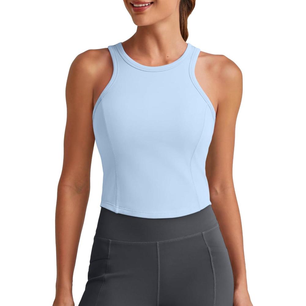 imageG4Free Barefeel Built in Bra Workout Tops for Women Removable Pads Longline Sport Bras Racerback Athletic Tank Yoga GymLight Demin