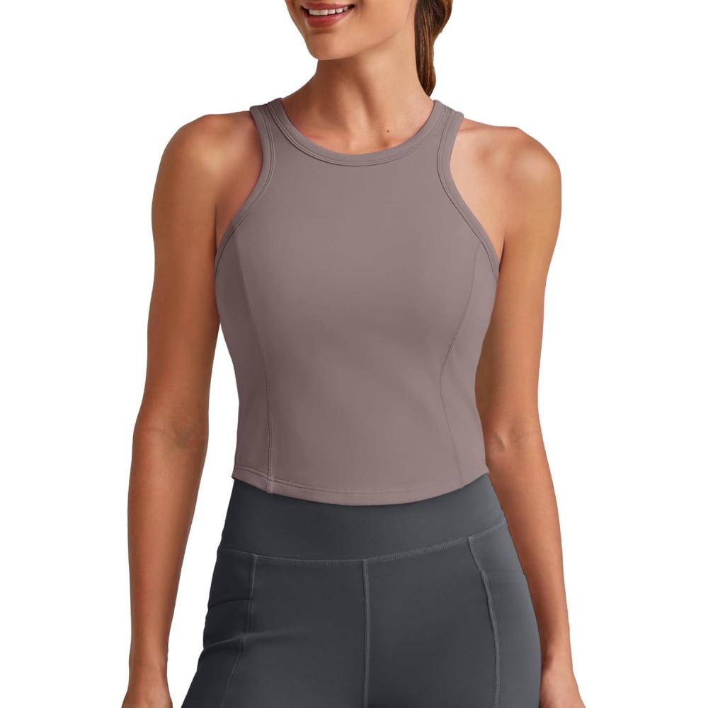 imageG4Free Barefeel Built in Bra Workout Tops for Women Removable Pads Longline Sport Bras Racerback Athletic Tank Yoga GymTaupe