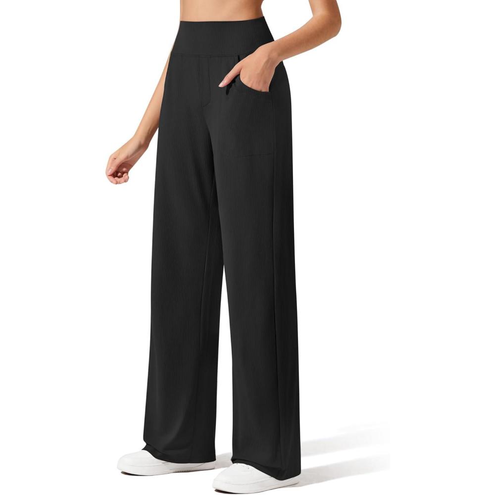 imageG4Free Breathable Ribbed Wide Leg Yoga Pants Women High Waist Lightweight Casual Trousers with PocketsBlack