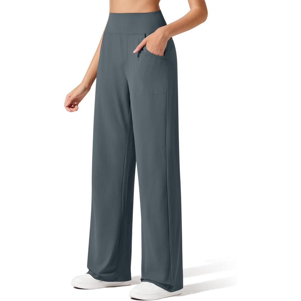 imageG4Free Breathable Ribbed Wide Leg Yoga Pants Women High Waist Lightweight Casual Trousers with PocketsDark Gray
