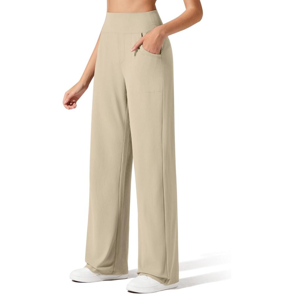 imageG4Free Breathable Ribbed Wide Leg Yoga Pants Women High Waist Lightweight Casual Trousers with PocketsDirty Latte