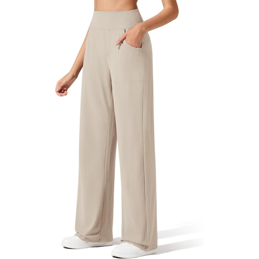 imageG4Free Breathable Ribbed Wide Leg Yoga Pants Women High Waist Lightweight Casual Trousers with PocketsLight Khaki