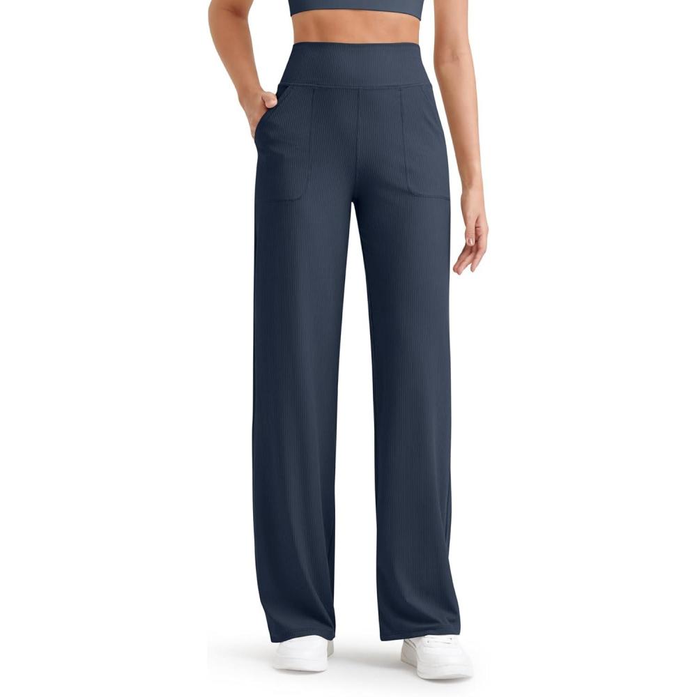 imageG4Free Breathable Ribbed Women Casual Wide Leg Pants with Pockets Lightweight High Waist Yoga Pants PetiteRegularTallDark Navy