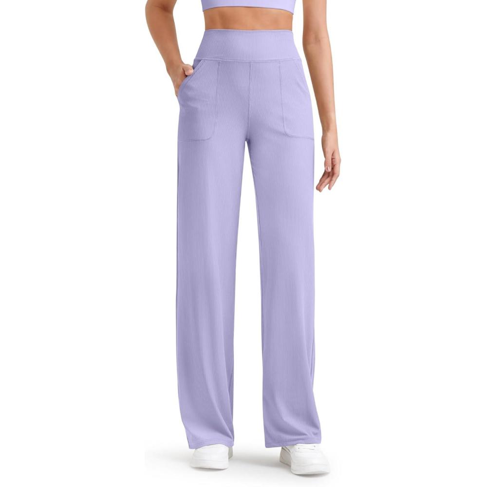 imageG4Free Breathable Ribbed Women Casual Wide Leg Pants with Pockets Lightweight High Waist Yoga Pants PetiteRegularTallLavender