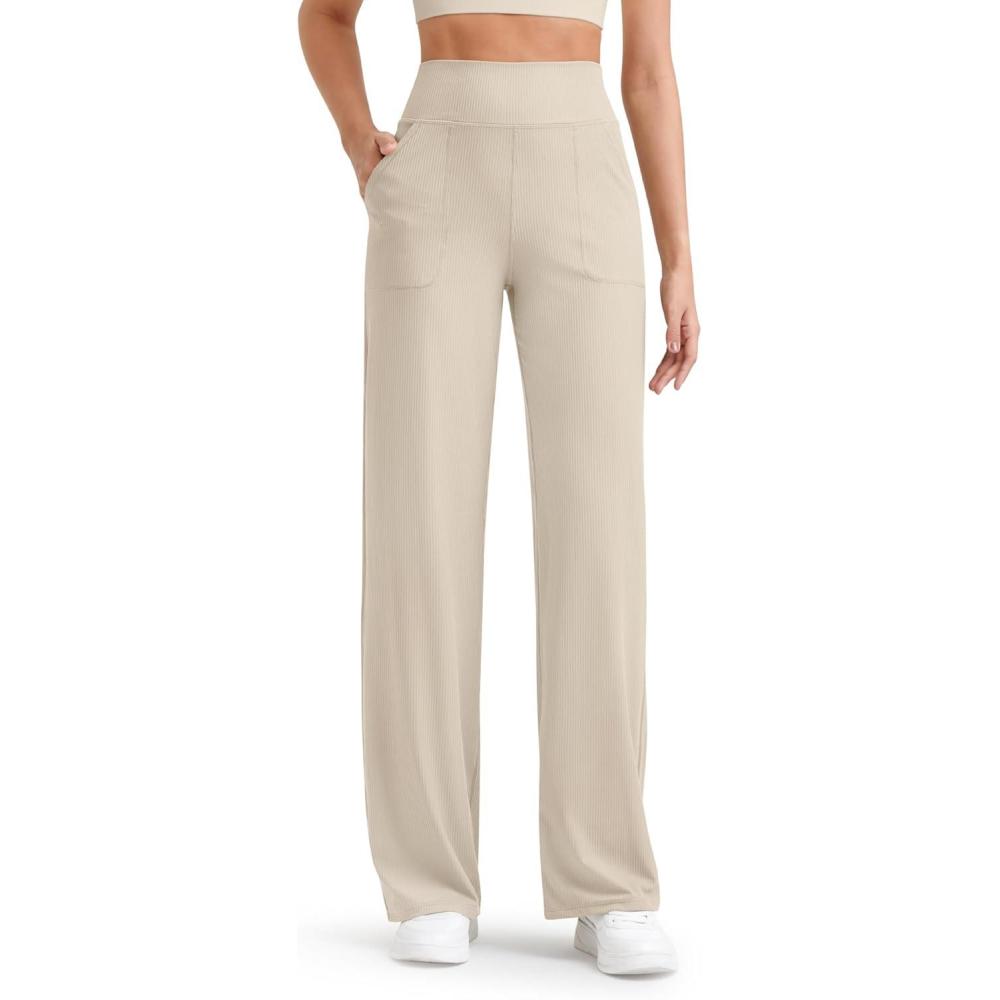 imageG4Free Breathable Ribbed Women Casual Wide Leg Pants with Pockets Lightweight High Waist Yoga Pants PetiteRegularTallLight Khaki
