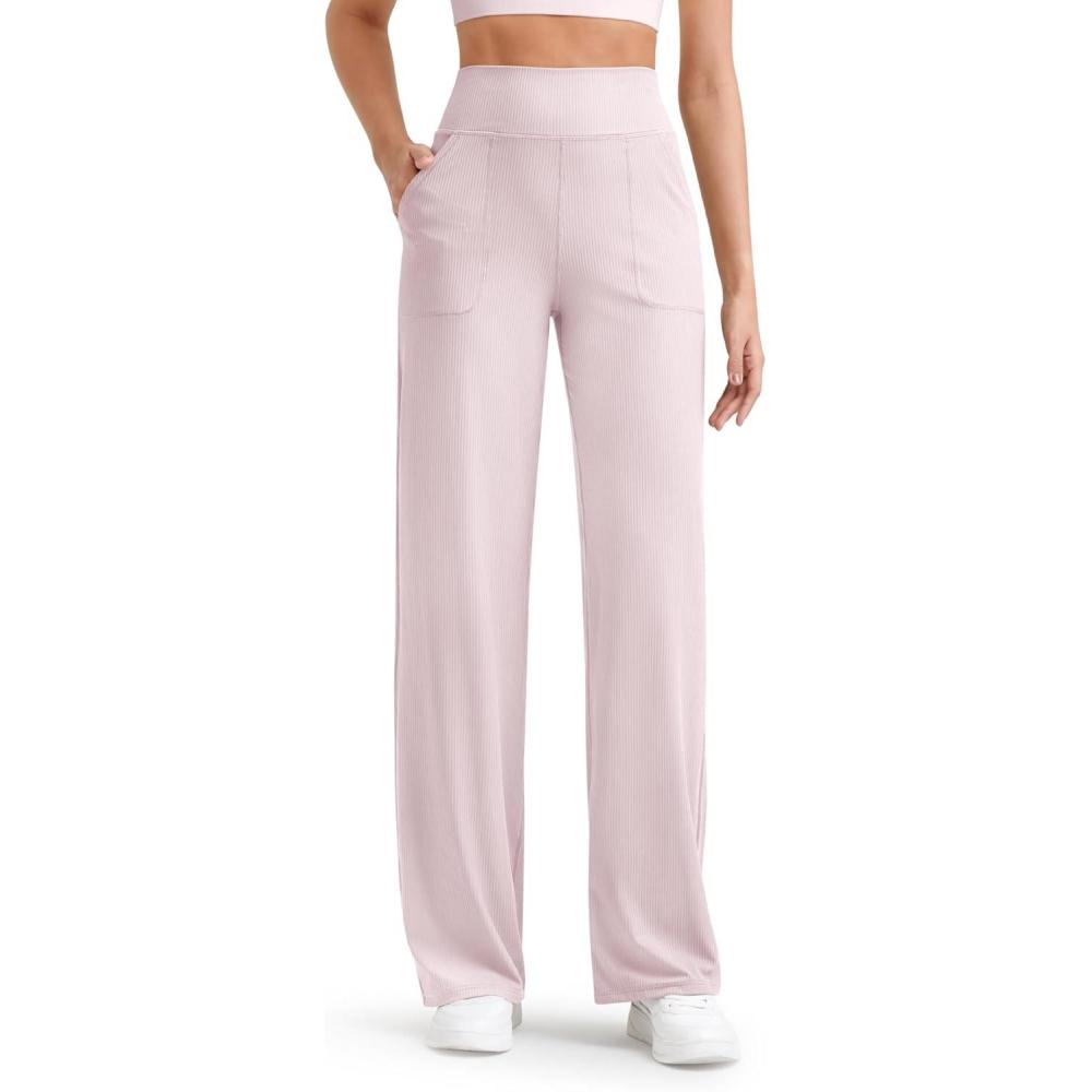 imageG4Free Breathable Ribbed Women Casual Wide Leg Pants with Pockets Lightweight High Waist Yoga Pants PetiteRegularTallLight Pink