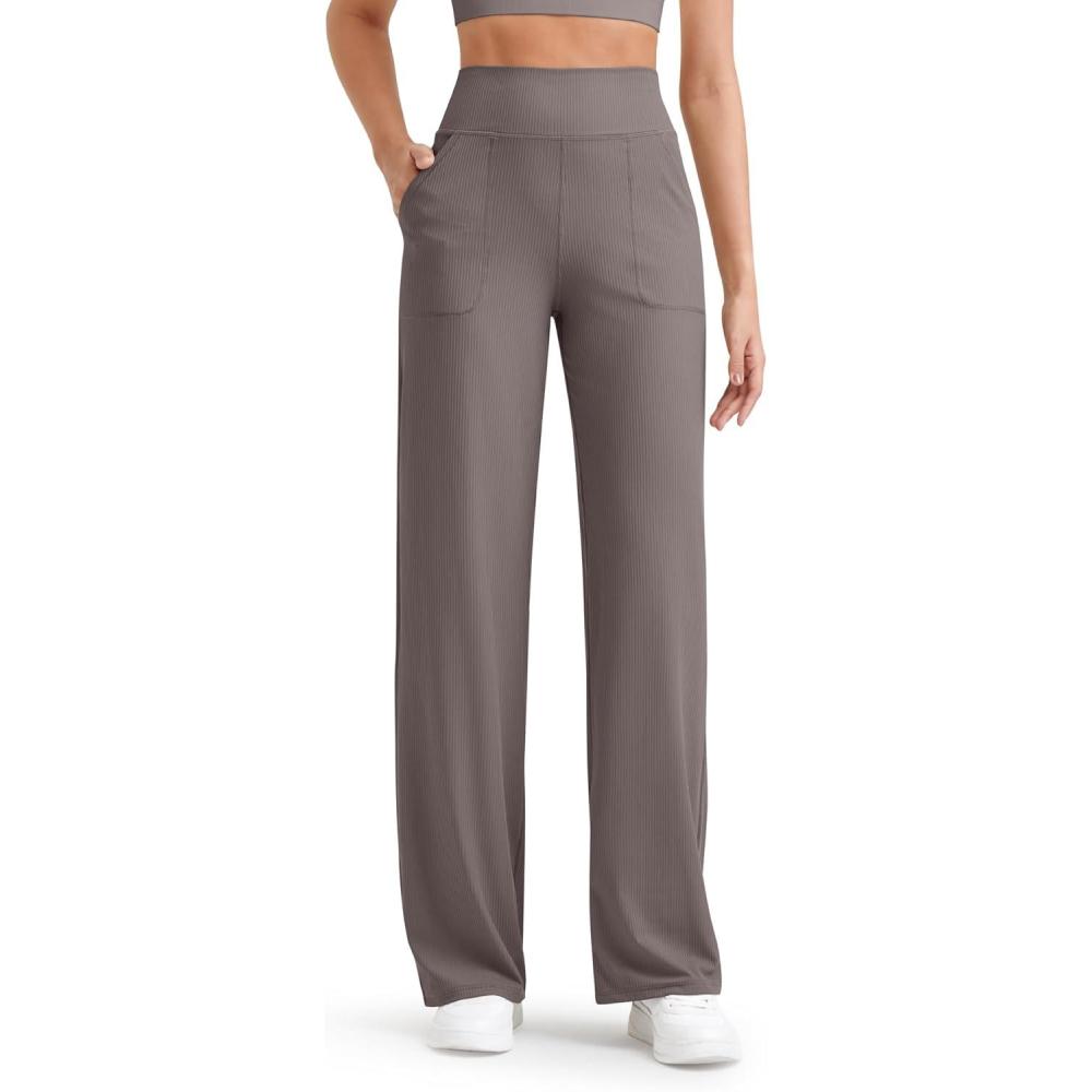 imageG4Free Breathable Ribbed Women Casual Wide Leg Pants with Pockets Lightweight High Waist Yoga Pants PetiteRegularTallTaupe