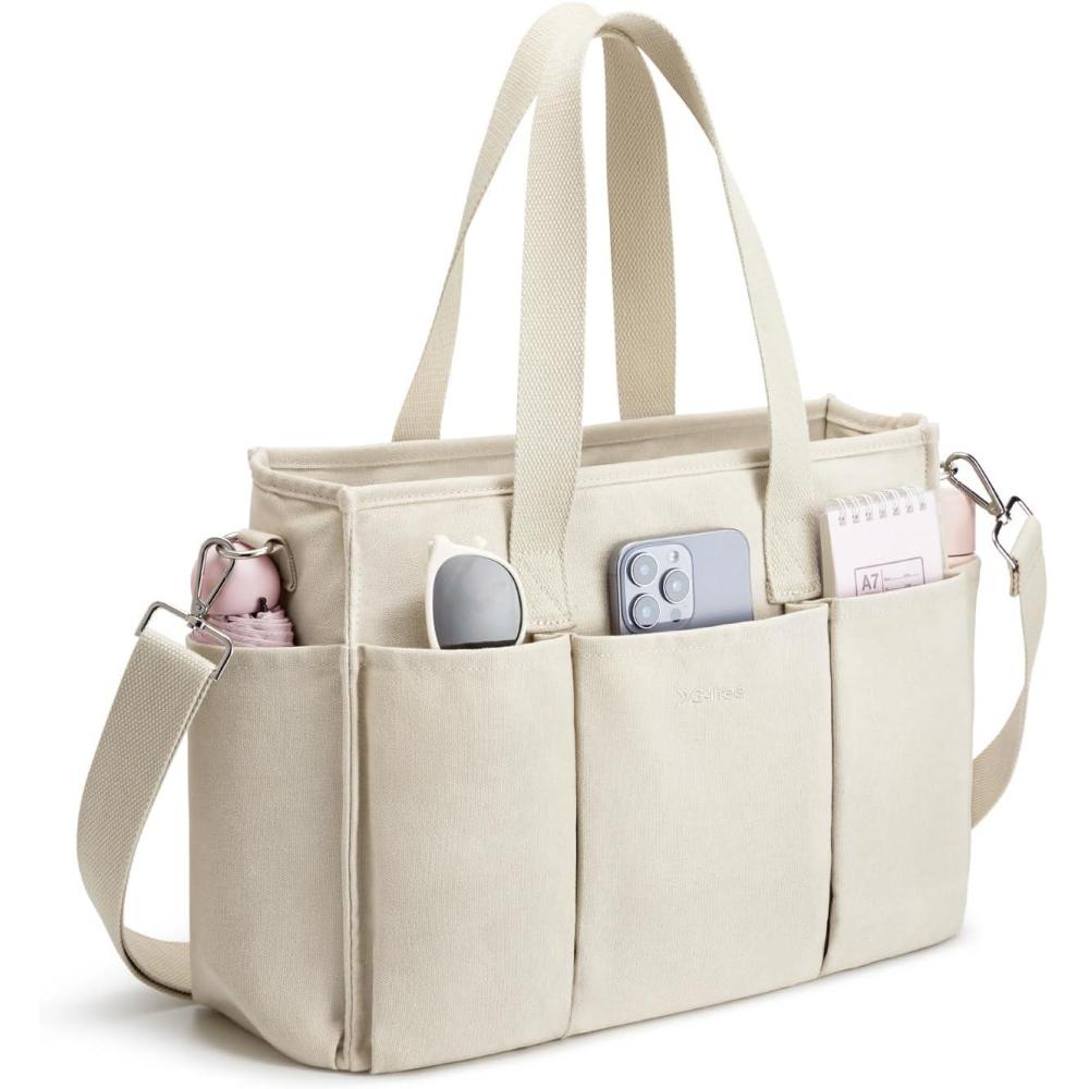imageG4Free Canvas Tote Bag with Pockets Medium Size Crossbody Work Tote Bag for Women Zipper ClosureBeige