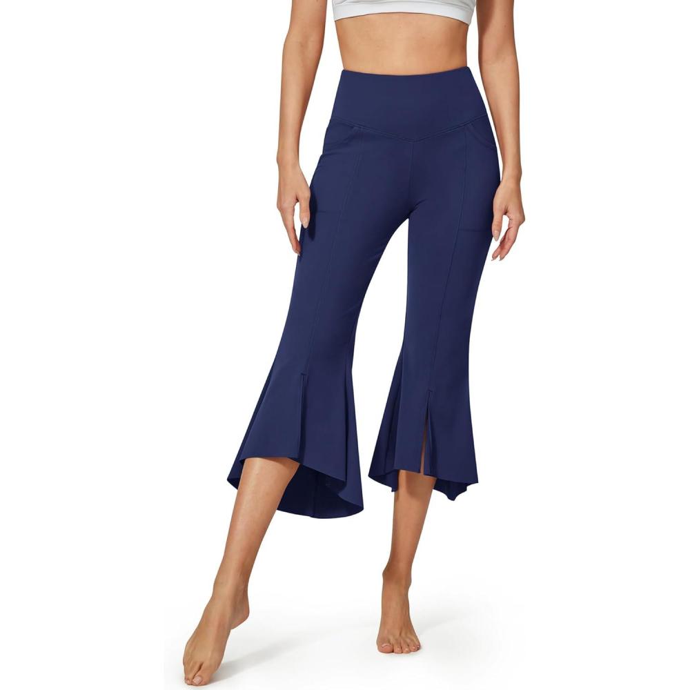 imageG4Free Capri Pants for Women Stretch Yoga Dress Pants with Pockets Ruffle Bell Bottom Athletic Work LeggingsRoyal Blue