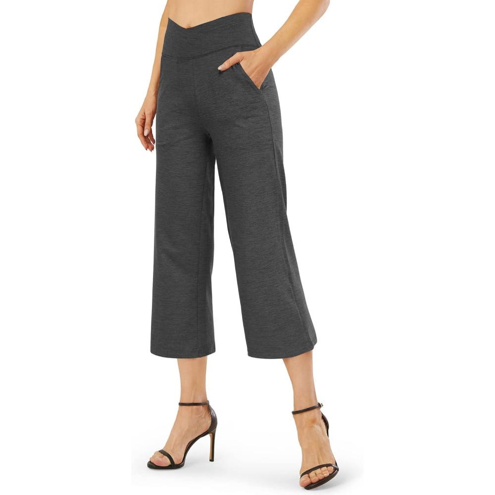 imageG4Free Capri Pants for Women Wide Leg Yoga Dress Capris with Pockets Cross Loose Casual Work Crop PantsCharcoal Heather