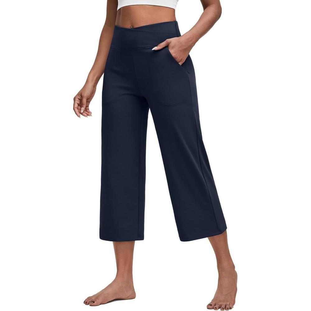 imageG4Free Capri Pants for Women Wide Leg Yoga Dress Capris with Pockets Cross Loose Casual Work Crop PantsDark Navy