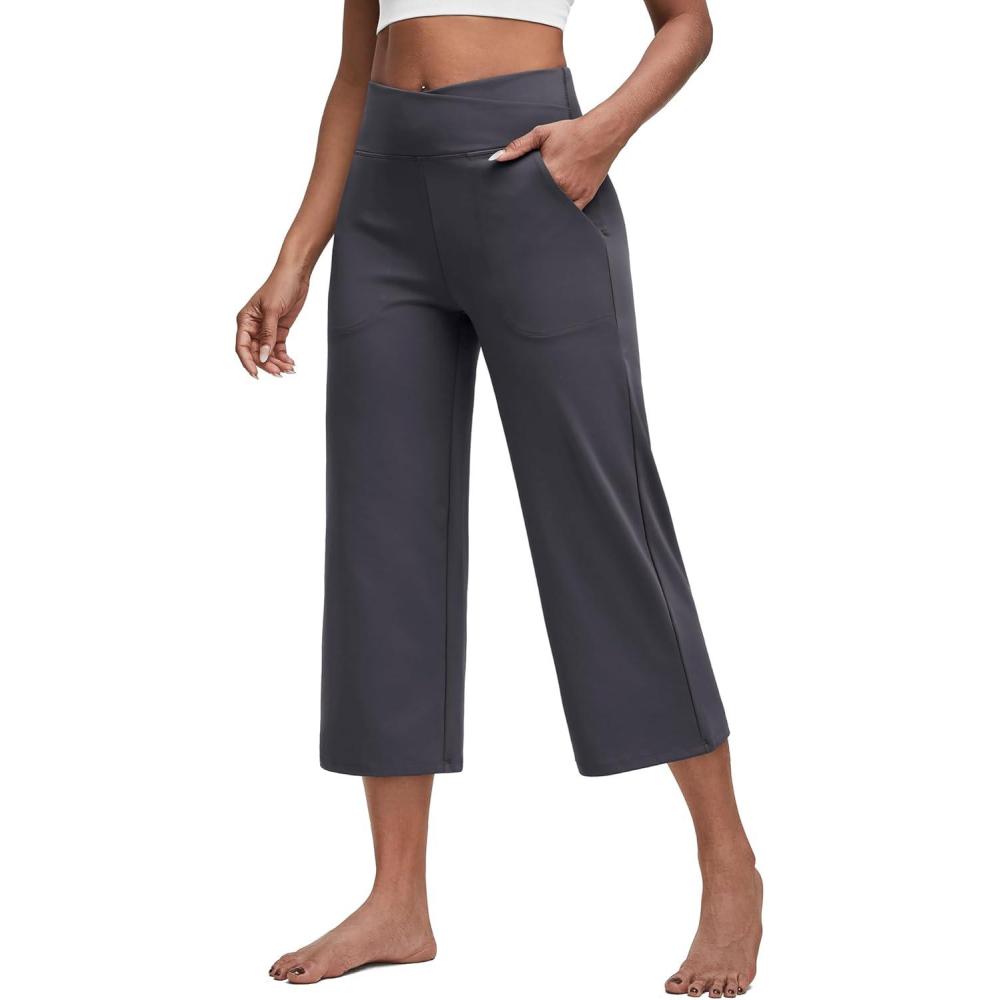 imageG4Free Capri Pants for Women Wide Leg Yoga Dress Capris with Pockets Cross Loose Casual Work Crop PantsDeep Grey