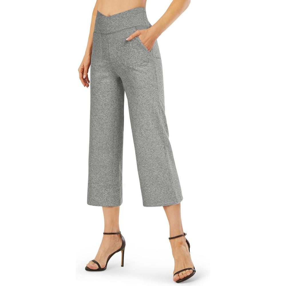 imageG4Free Capri Pants for Women Wide Leg Yoga Dress Capris with Pockets Cross Loose Casual Work Crop PantsGrey Heather