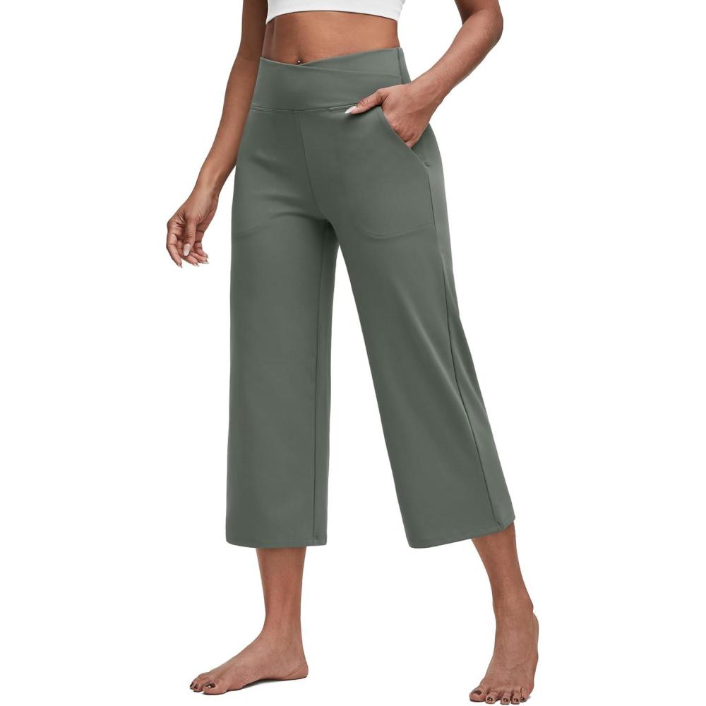 imageG4Free Capri Pants for Women Wide Leg Yoga Dress Capris with Pockets Cross Loose Casual Work Crop PantsGrey Sage