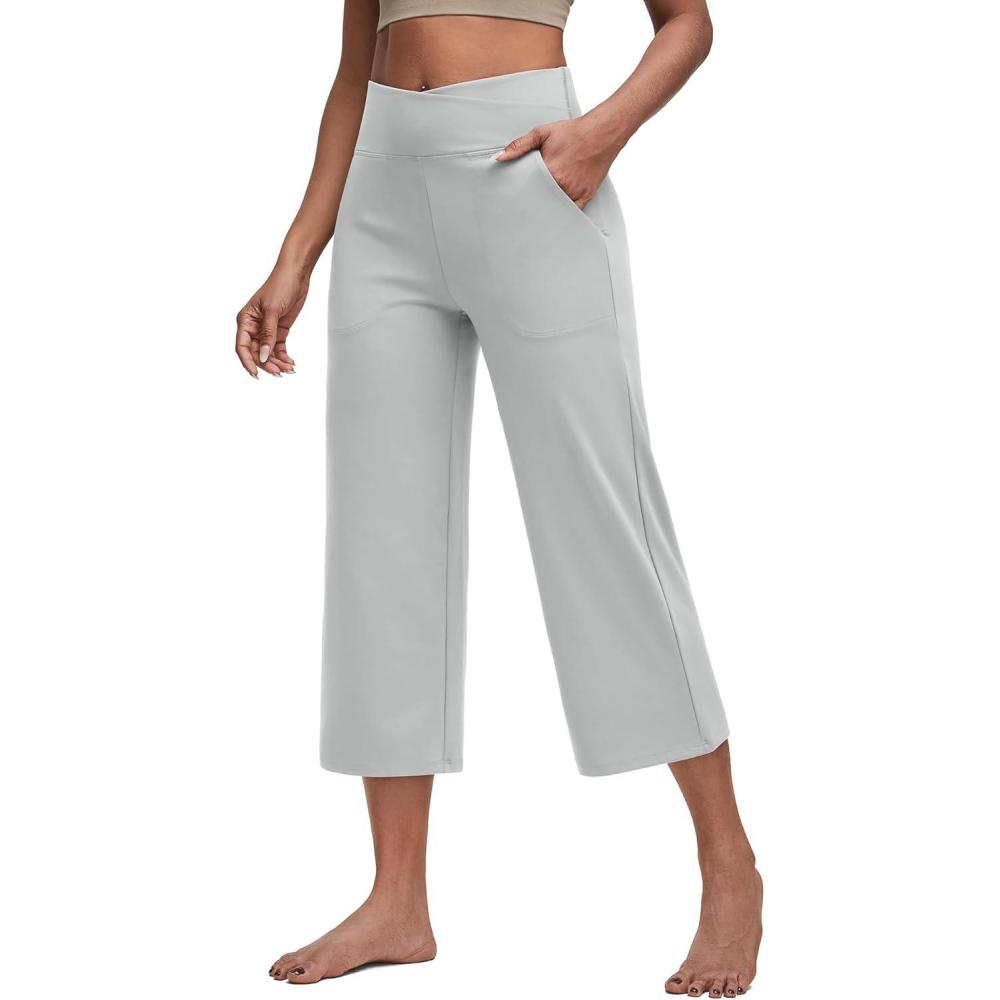 imageG4Free Capri Pants for Women Wide Leg Yoga Dress Capris with Pockets Cross Loose Casual Work Crop PantsLight Grey