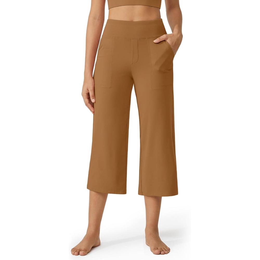 imageG4Free Capri Pants for Women Wide Leg Yoga Dress Cropped Pants Capri Leggings with Pockets for Casual SummerCoca Mocha
