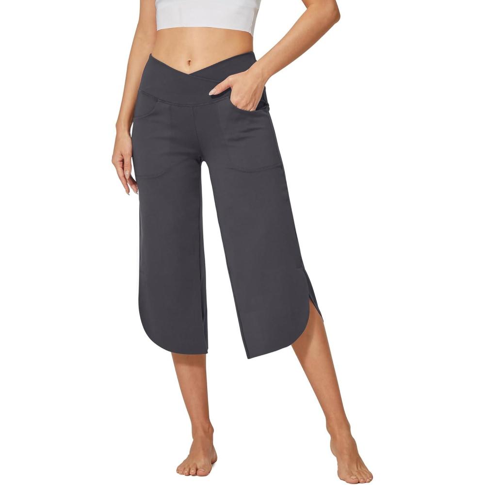 imageG4Free Capri Pants for Women Wide Leg Yoga Pants for Summer Flowy Capris Loose Casual Cropped Pants with PocketsDeep Grey