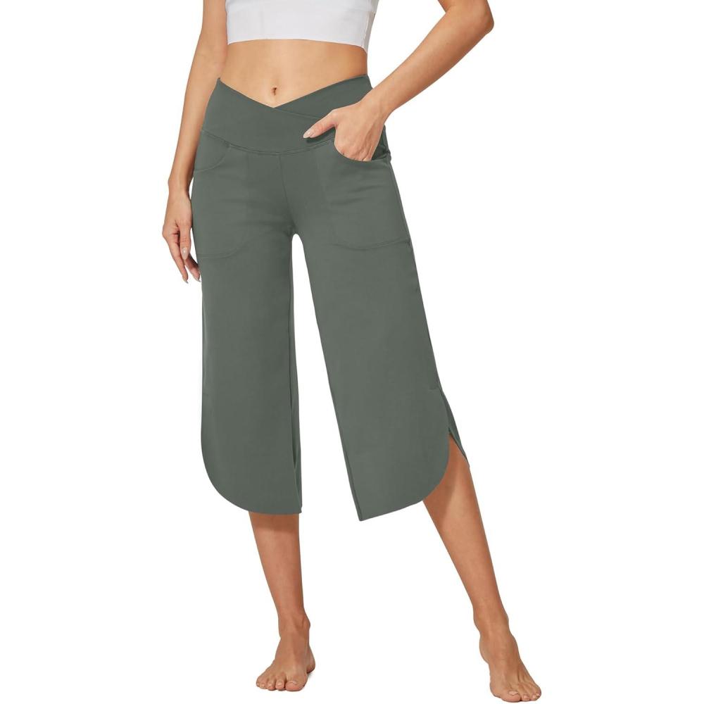 imageG4Free Capri Pants for Women Wide Leg Yoga Pants for Summer Flowy Capris Loose Casual Cropped Pants with PocketsGrey Sage