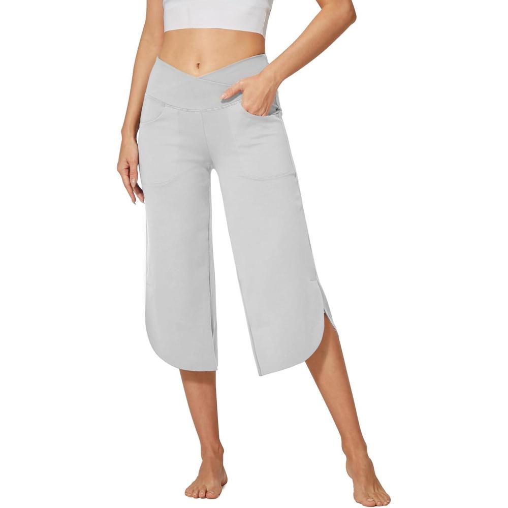 imageG4Free Capri Pants for Women Wide Leg Yoga Pants for Summer Flowy Capris Loose Casual Cropped Pants with PocketsLight Grey