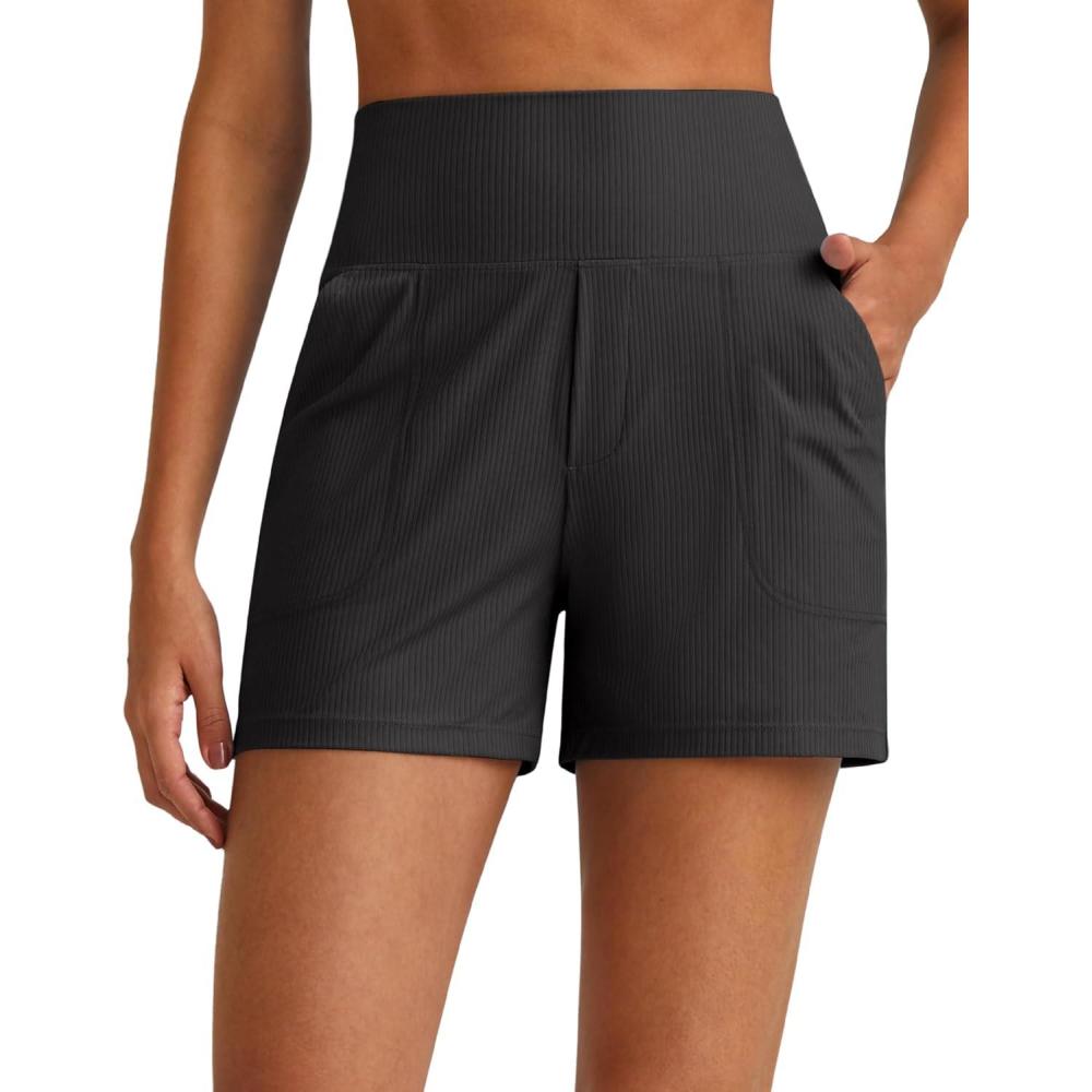 imageG4Free Comfy Ribbed Womens Shorts Dressy Casual High Waisted Athletic Lounge Trouser Shorts with Side PocketsBlack