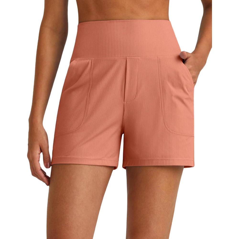 imageG4Free Comfy Ribbed Womens Shorts Dressy Casual High Waisted Athletic Lounge Trouser Shorts with Side PocketsBurnt Orange