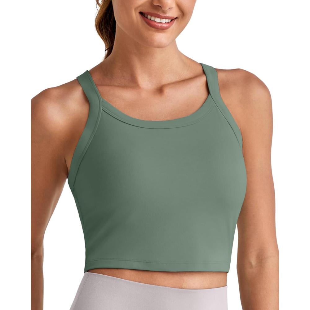 imageG4Free Cropped Workout Tops for Women Built in Bra Removable Padded Longline Sports Bras Racerback Yoga TopsGray Sage