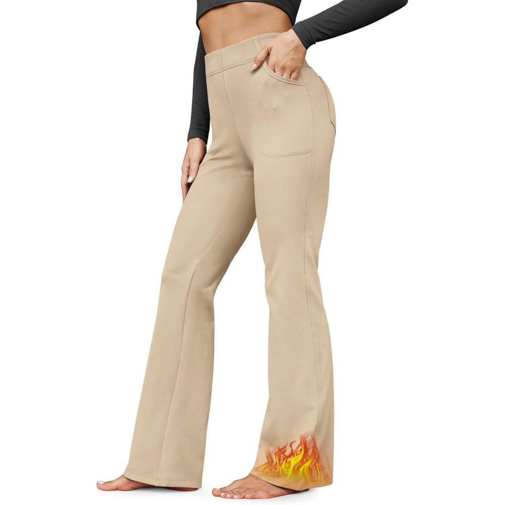 imageG4Free Fleece Lined Pants for Women Yoga Pants with Pockets Flare Leggings High Waisted Bootcut Dress Winter Work SlacksLight Khaki