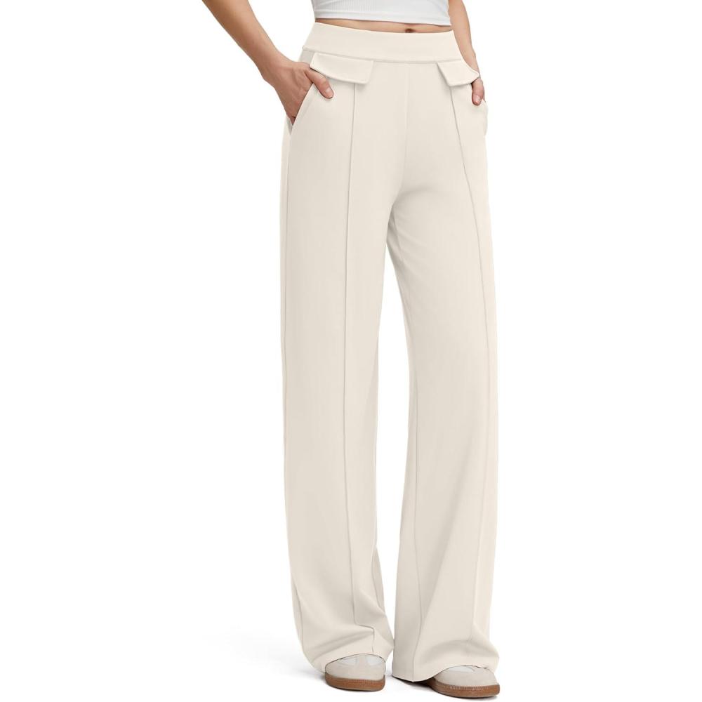 imageG4Free GOTO Womens Wide Leg Pants High Waisted Yoga Pants Casual Palazzo Trousers with PocketsIvory