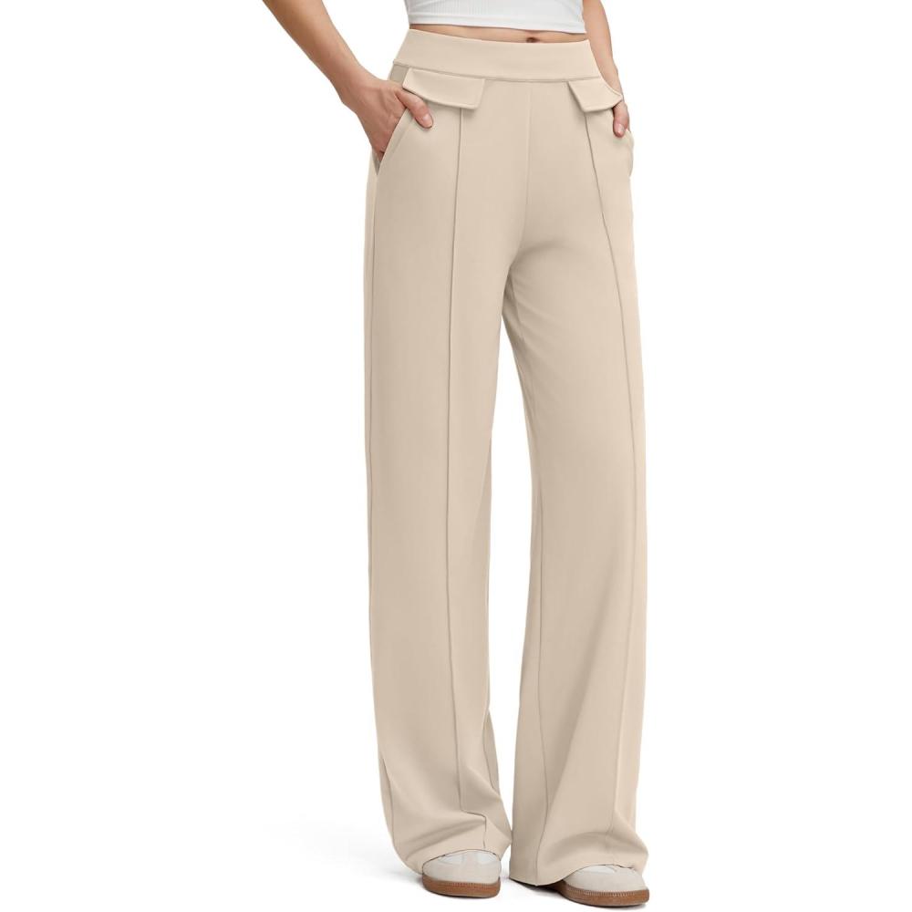 imageG4Free GOTO Womens Wide Leg Pants High Waisted Yoga Pants Casual Palazzo Trousers with PocketsLight Khaki