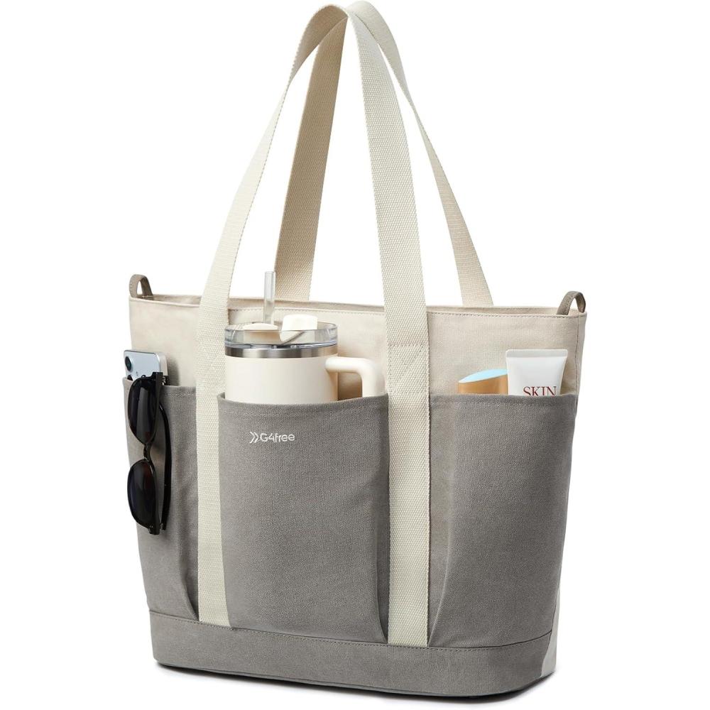 imageG4Free Large Canvas Tote Bag for Women with Zipper Fit 156quot Laptop Everything Tote Bags with Pockets for Work TravelGrey
