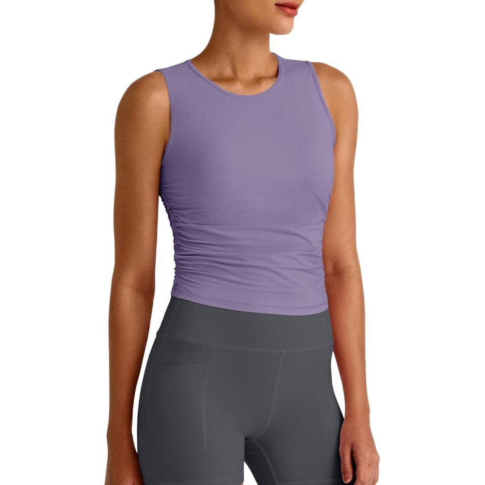 imageG4Free Lightbreeze Workout Tank Tops for Women Side Ruched Sleeveless High Neck Crop Top Summer Athletic Gym ShirtsGray Purple
