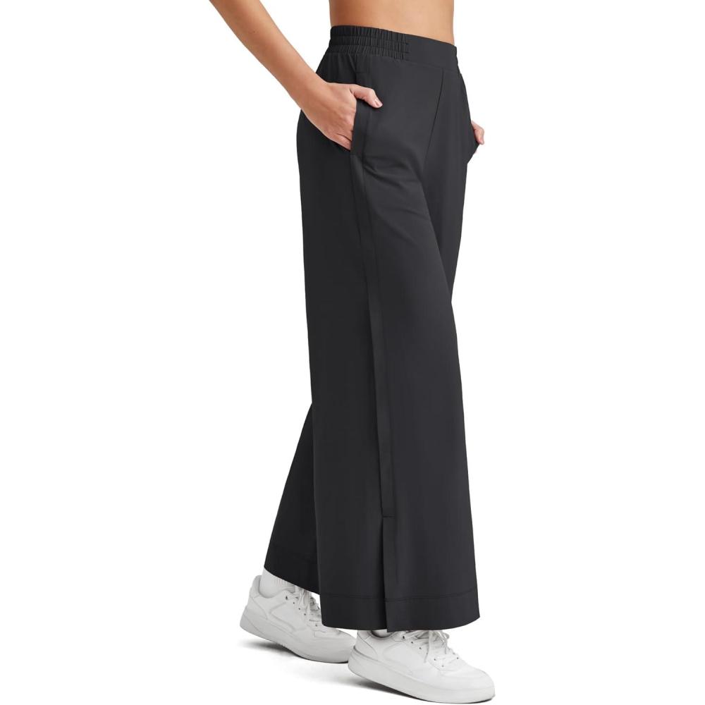 imageG4Free Lightweight Flowy Wide Leg Ankle Pants Women Side Slit High Waisted Baggy Trouser Casual Lounge SummerBlack