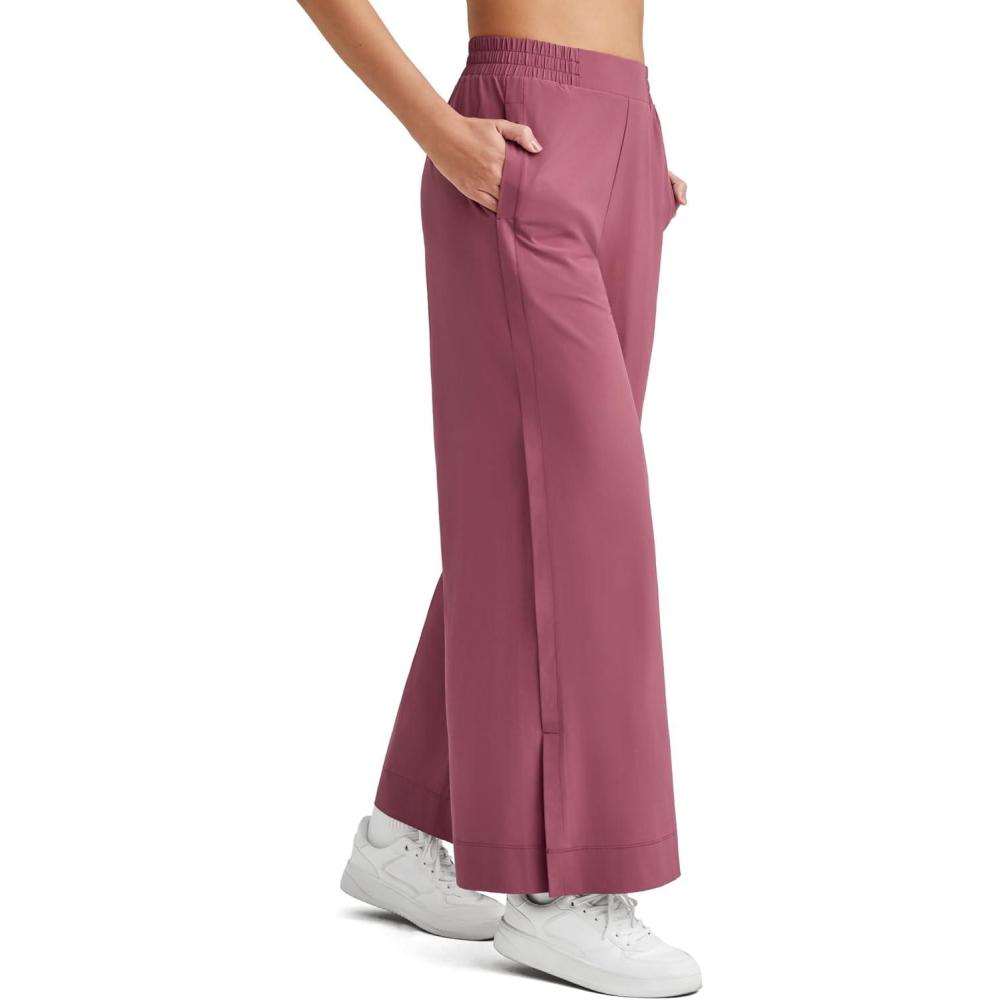 imageG4Free Lightweight Flowy Wide Leg Ankle Pants Women Side Slit High Waisted Baggy Trouser Casual Lounge SummerDark Burgundy