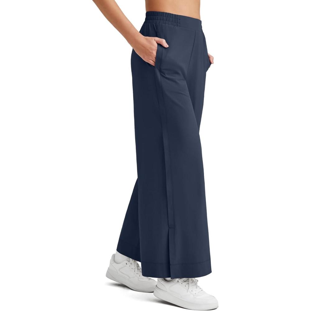 imageG4Free Lightweight Flowy Wide Leg Ankle Pants Women Side Slit High Waisted Baggy Trouser Casual Lounge SummerDark Navy