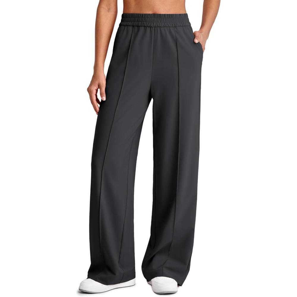 imageG4Free Lightweight Flowy Wide Leg Pants Woman Elastic Waist Front Seam Loose Casual Summer TrousersBlack