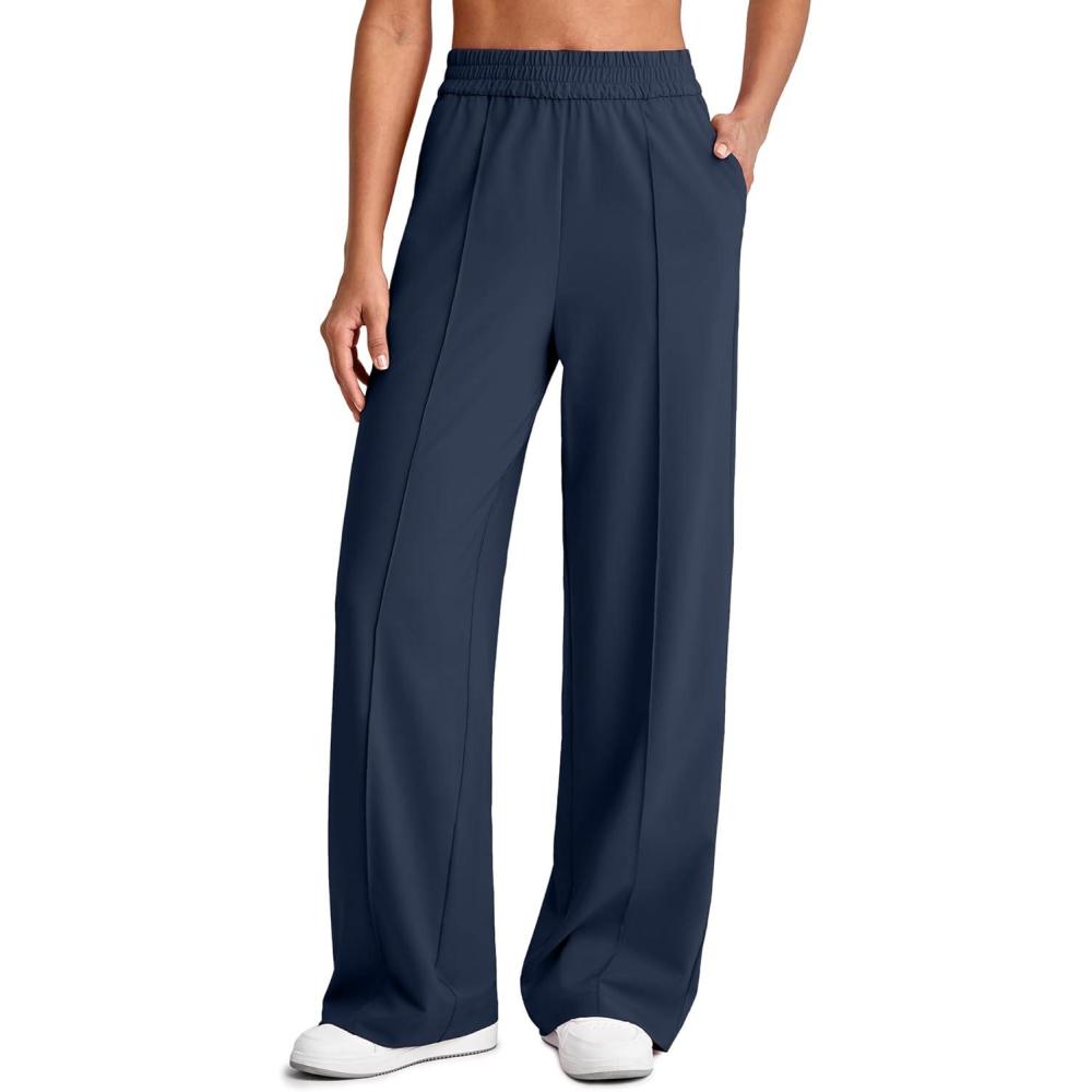imageG4Free Lightweight Flowy Wide Leg Pants Woman Elastic Waist Front Seam Loose Casual Summer TrousersDark Blue
