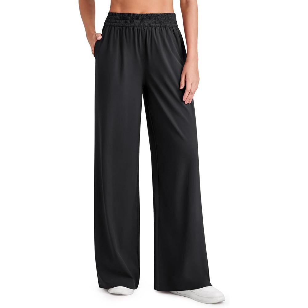 imageG4Free Lightweight Flowy Wide Leg Pants Women with Pockets Baggy High Waisted Lounge Trousers SummerBlack