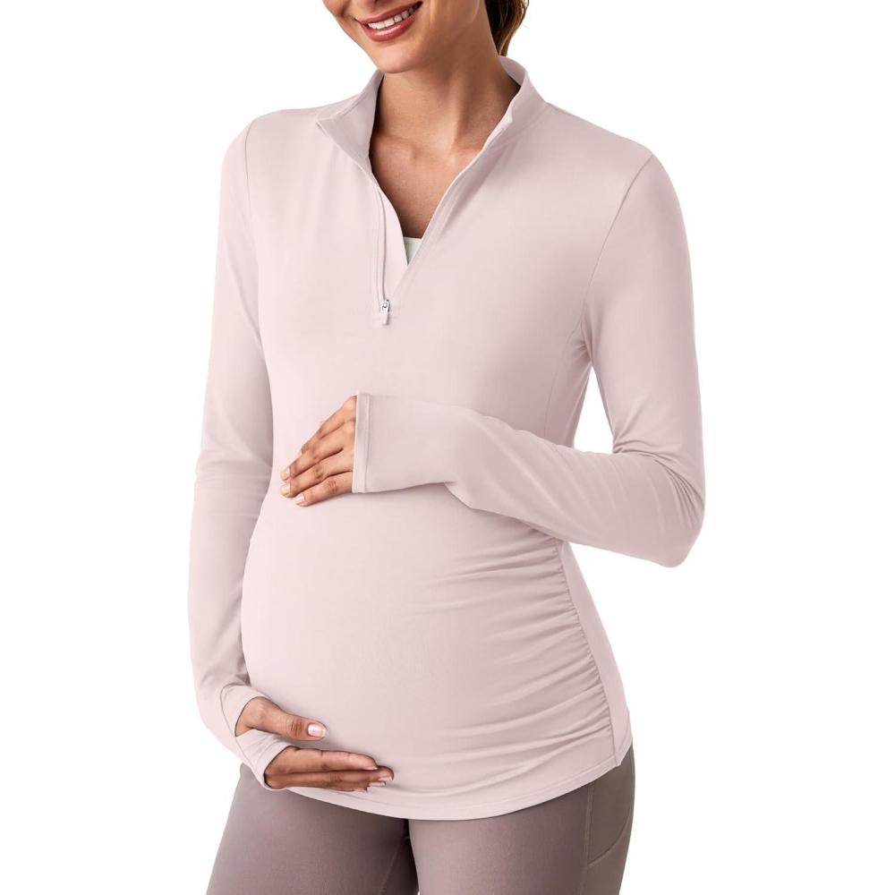 imageG4Free Lightweight Maternity Long Sleeve Workout Tops UPF 50 Rash Guard Half Zip Sun Shirts Ruches Pregnancy PulloverSmoky Blush