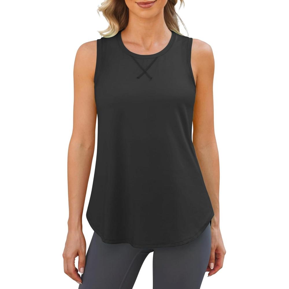 imageG4Free Lightweight Racerback Workout Tank Tops for Women High Neck Athletic Long Tanks Fast Dry Sleeveless Running ShirtsBlack
