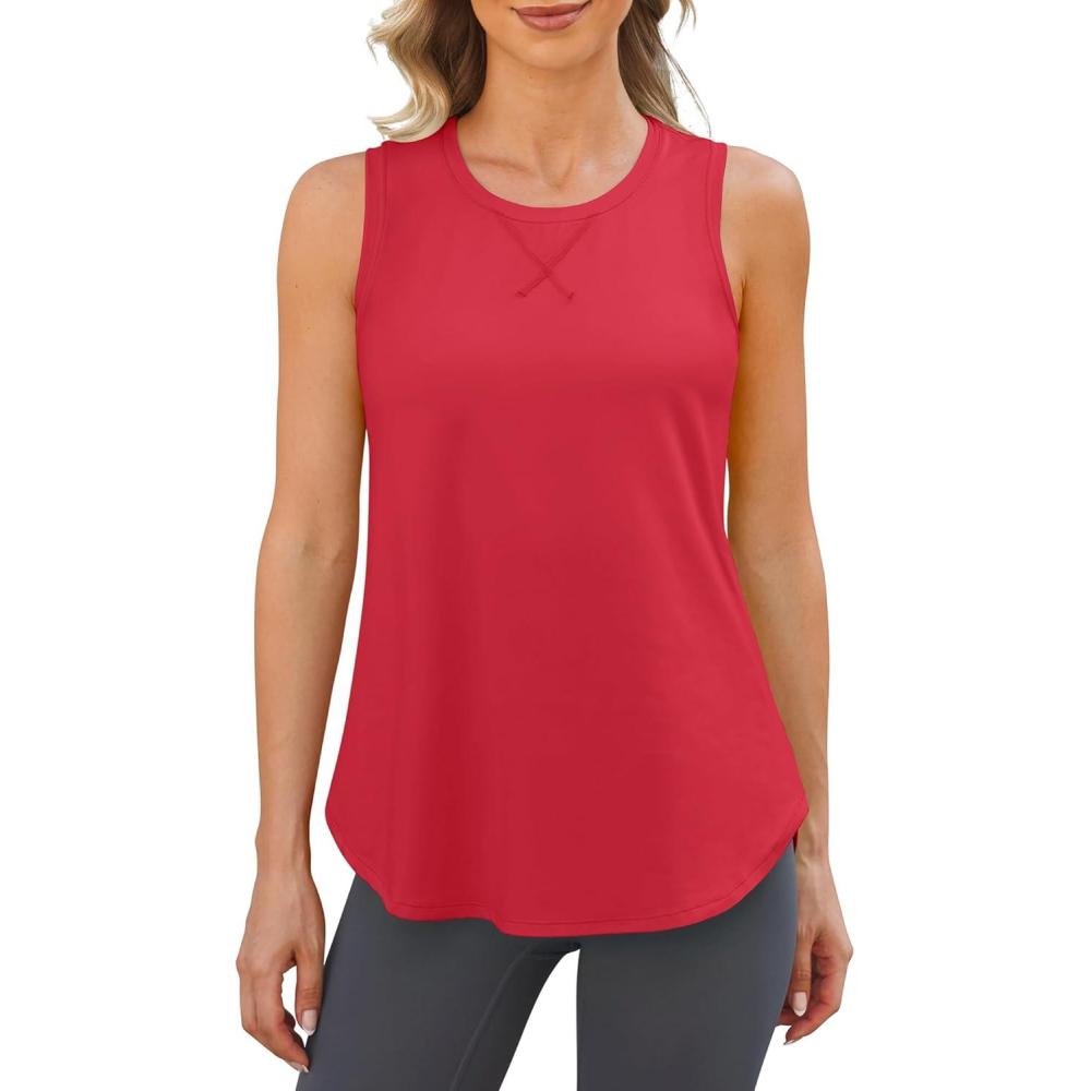 imageG4Free Lightweight Racerback Workout Tank Tops for Women High Neck Athletic Long Tanks Fast Dry Sleeveless Running ShirtsRed