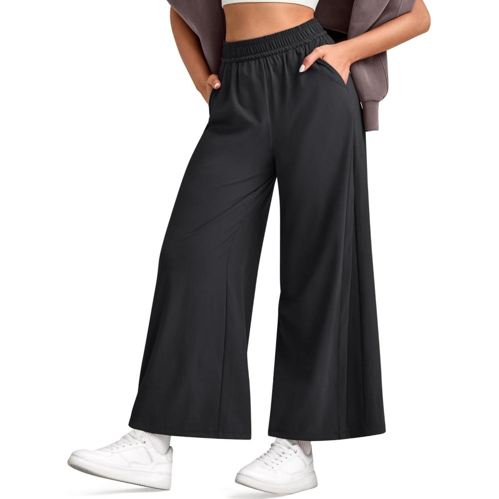 imageG4Free Lightweight Wide Leg Ankle Pants for Women High Waisted Yoga Trouser with Pockets Loose Cropped Travel PantBlack