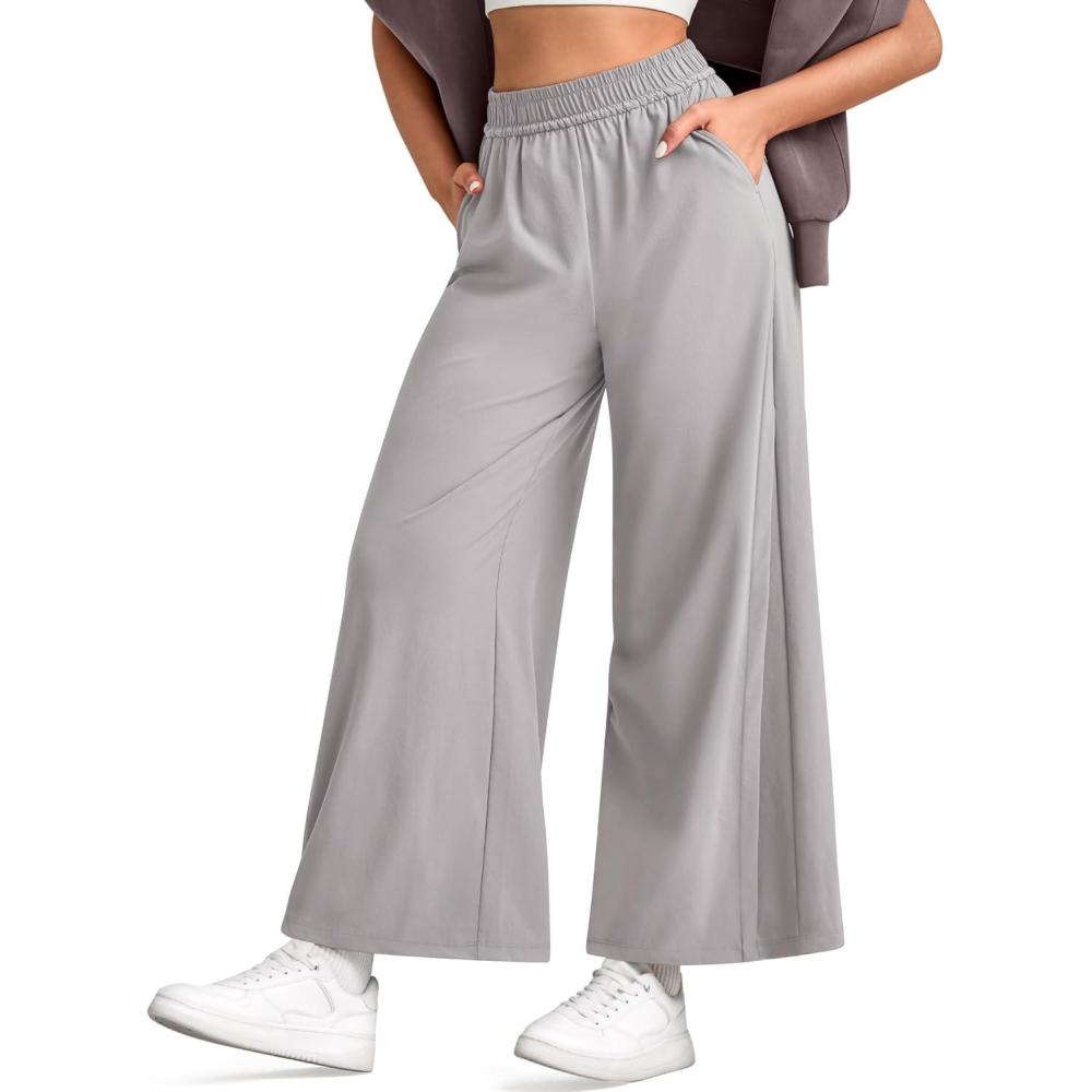 imageG4Free Lightweight Wide Leg Ankle Pants for Women High Waisted Yoga Trouser with Pockets Loose Cropped Travel PantGrey