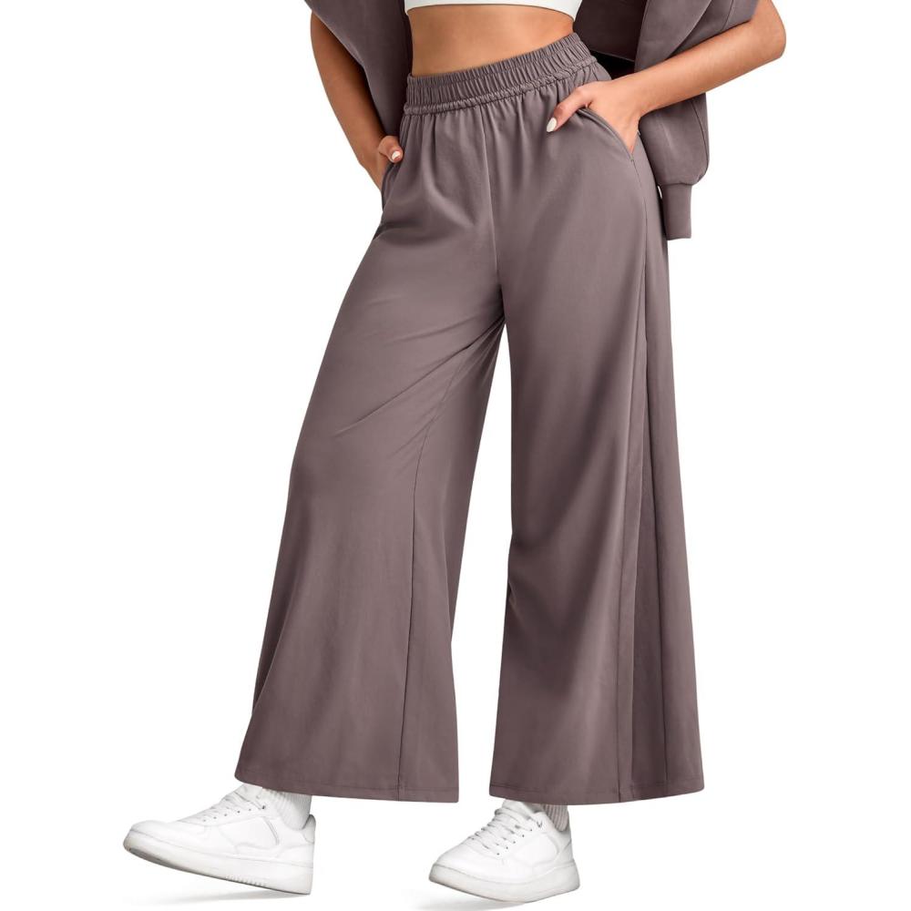 imageG4Free Lightweight Wide Leg Ankle Pants for Women High Waisted Yoga Trouser with Pockets Loose Cropped Travel PantTaupe