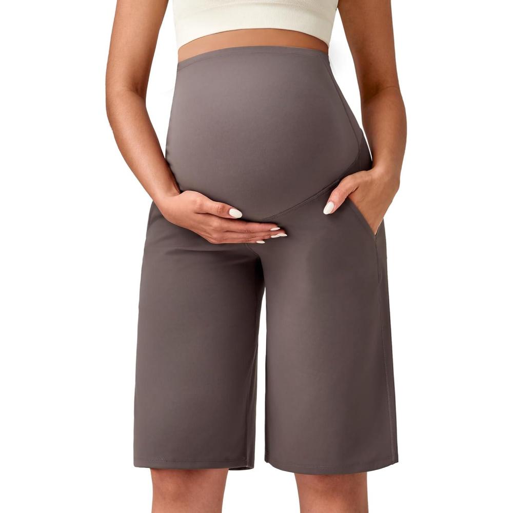 imageG4Free Maternity Athletic Shorts with Pockets Over The Belly Stretchy Workout Pants Pregnancy Wide Leg Bermuda CasualTaupe